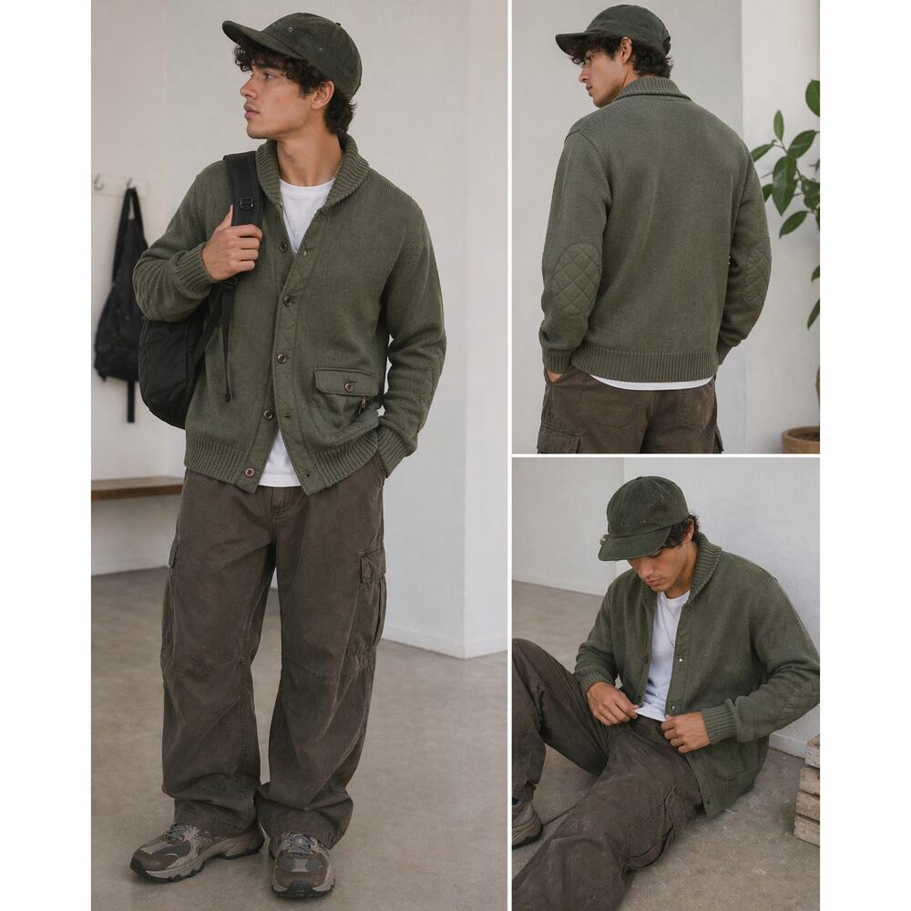 REI Olive Green Cardigan Sweater Mens M Quilted Elbow Patch Utility